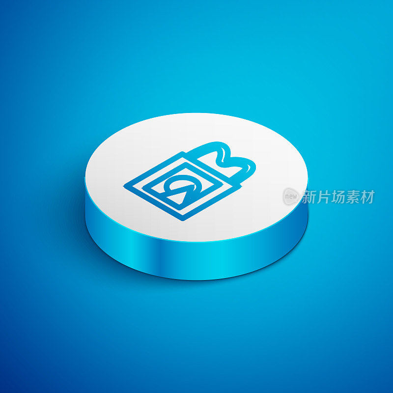 Isometric line Paper shopping bag icon isolated on blue background. Package sign. White circle button. Vector